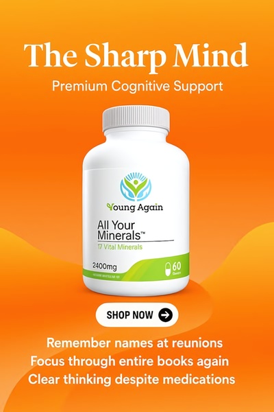 A high-contrast advertisement for a mineral supplement that highlights specific cognitive benefits like improved memory and sustained focus.